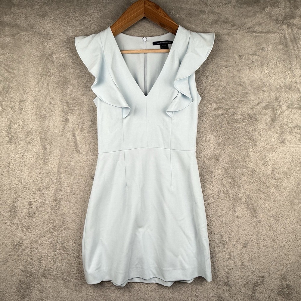 French Connection Sheath Dress Womens 4 Light Blue V-Neck Ruffles Wedding Guest